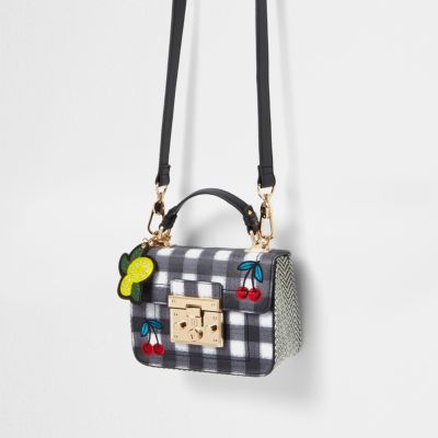 Black gingham cherry embroidery satchel bag